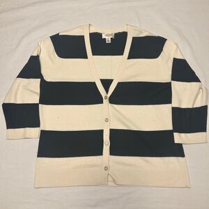 Talbots | Button Front Cardigan | Bracelet Sleeve | Ivory Navy Stripe | Women’s